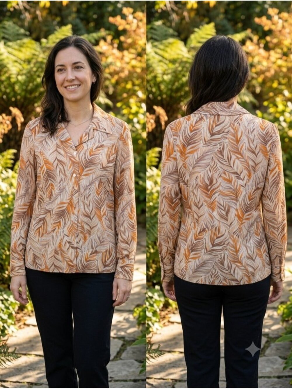 Vintage Prestige of Boston Earthy Leaf Print Blouse Retro 70s Dagger Collar